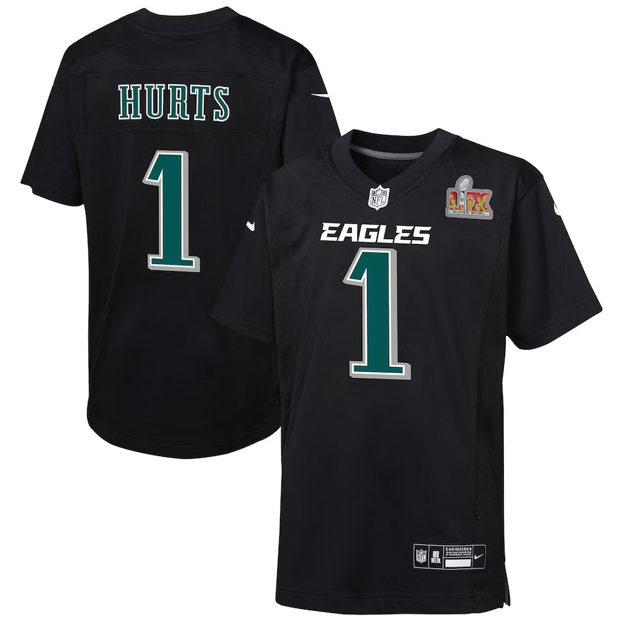 Youth Philadelphia Eagles Jalen Hurts Nike Carbon Black Super Bowl LIX Patch Fashion Game Player Jersey - Jersey