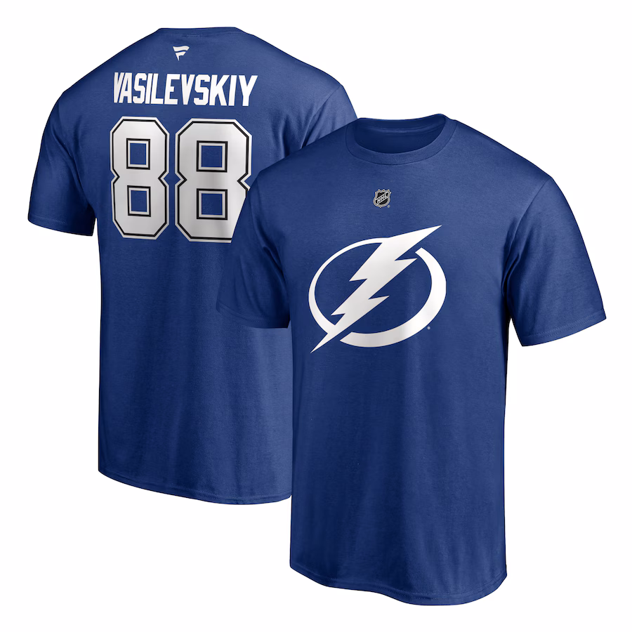 Men's Tampa Bay Lightning Andrei Vasilevskiy Fanatics Blue Authentic Stack Name & Number T-Shirt - Jersey