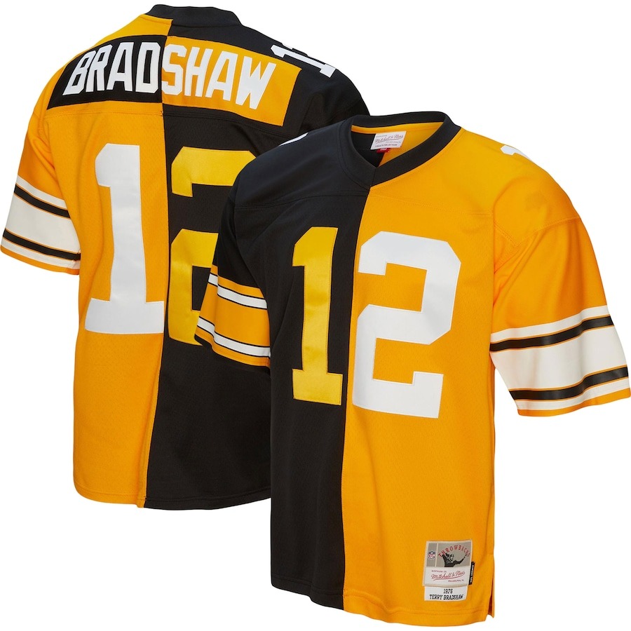 Men's Pittsburgh Steelers Terry Bradshaw Mitchell & Ness Black/Gold 1976 Split Legacy Replica Jersey - Jersey