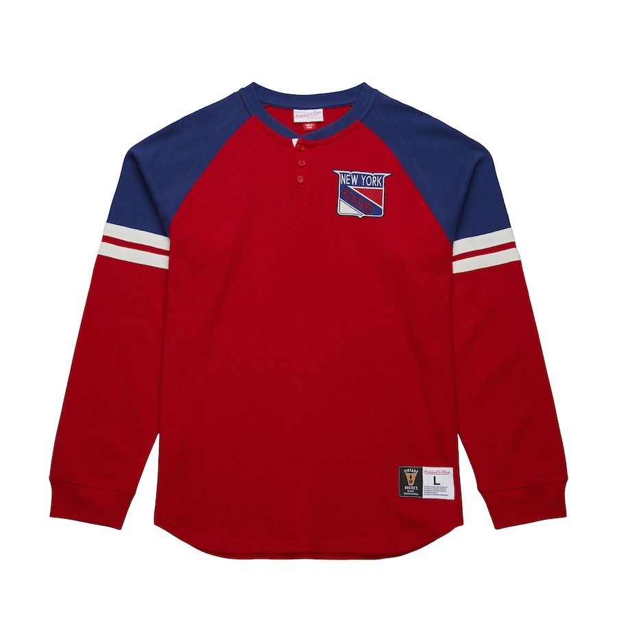 Men's New York Rangers Mitchell & Ness Red Thermal Henley Long Sleeve T-Shirt - Jersey