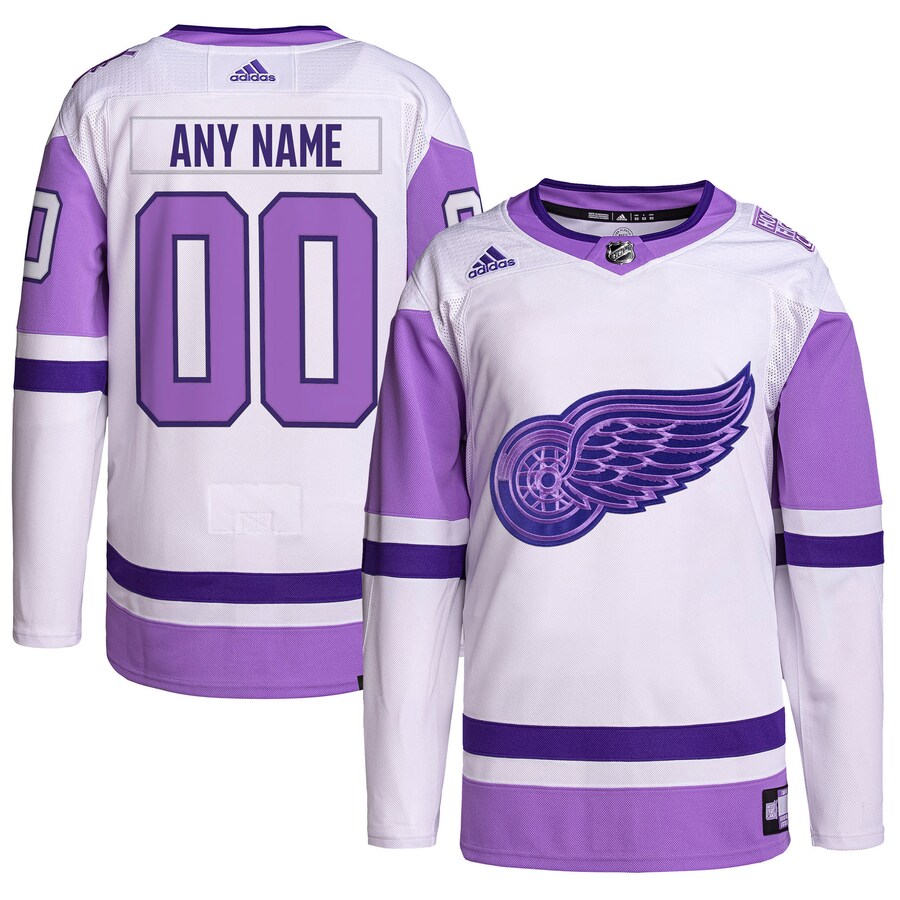 Men's Detroit Red Wings adidas White/Purple Hockey Fights Cancer Primegreen Authentic Custom Jersey - Jersey