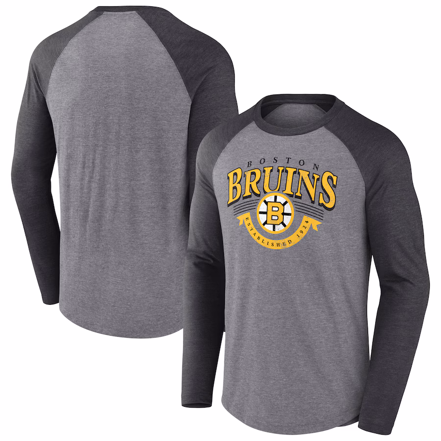 Men's Boston Bruins Fanatics Heather Gray/Heather Charcoal Goal Crease Raglan Tri-Blend Long Sleeve T-Shirt - Jersey