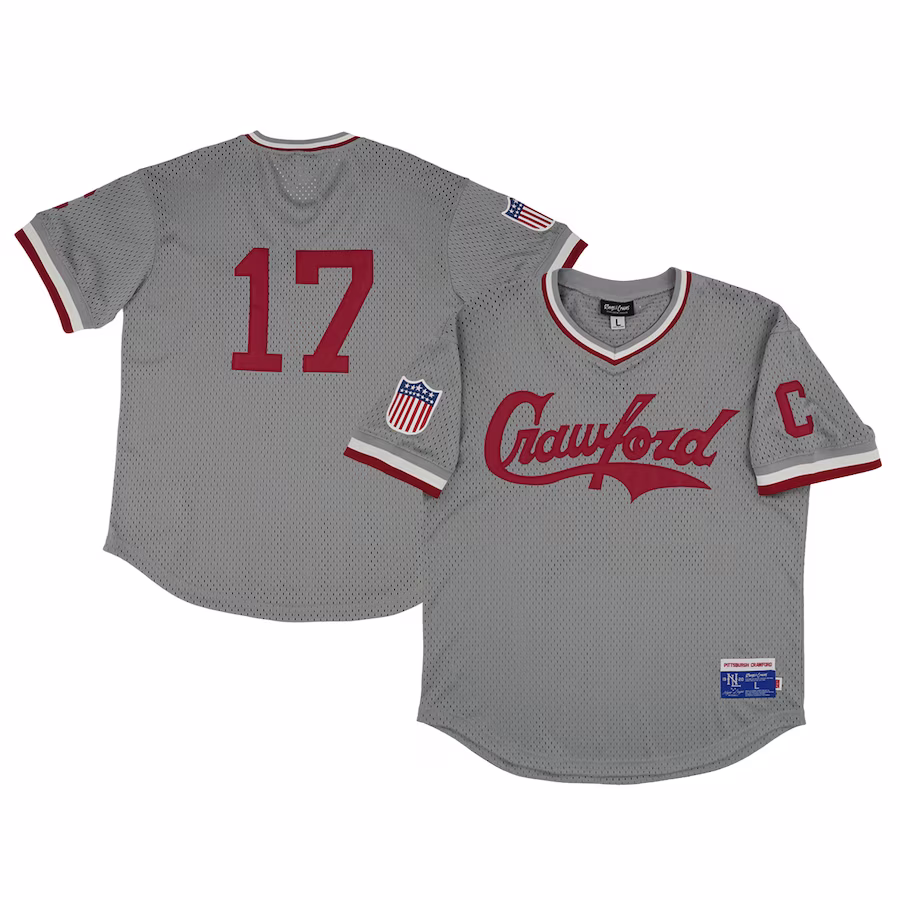 Men's Pittsburgh Crawfords #17 Rings & Crwns Gray Mesh Replica V-Neck Jersey - Jersey