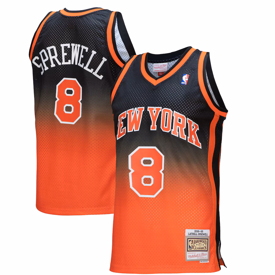 Men's New York Knicks Latrell Sprewell Mitchell & Ness Orange/Black 1998/99 Hardwood Classics Fadeaway Swingman Player Jersey - Jersey