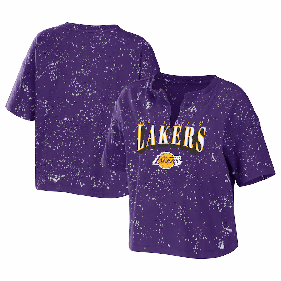 Women's Los Angeles Lakers WEAR by Erin Andrews Purple Bleach Splatter Notch Neck T-Shirt - Jersey