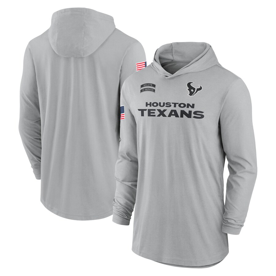 Men's Houston Texans Nike Gray 2024 Salute to Service Lightweight Performance Long Sleeve Hooded T-Shirt - Jersey