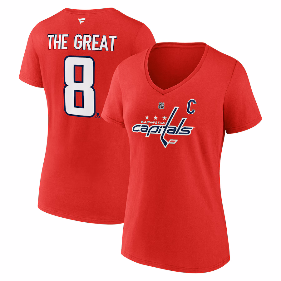 Women's Washington Capitals Alexander Ovechkin Fanatics Athletic Red NHL All-Time Leading Goal Scorer The Great 8 Name & Number V-Neck T-Shirt - Jersey