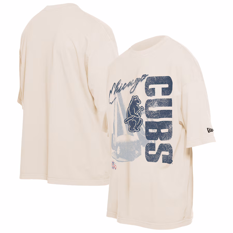 Men's Chicago Cubs New Era Cream Cooperstown Collection Oversized Throwback Distressed T-Shirt - Jersey