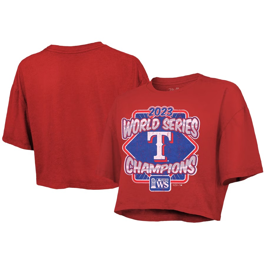Women's Texas Rangers Majestic Threads Red 2023 World Series Champions Best Face Forward Boxy Cropped Tri-Blend T-Shirt - Jersey
