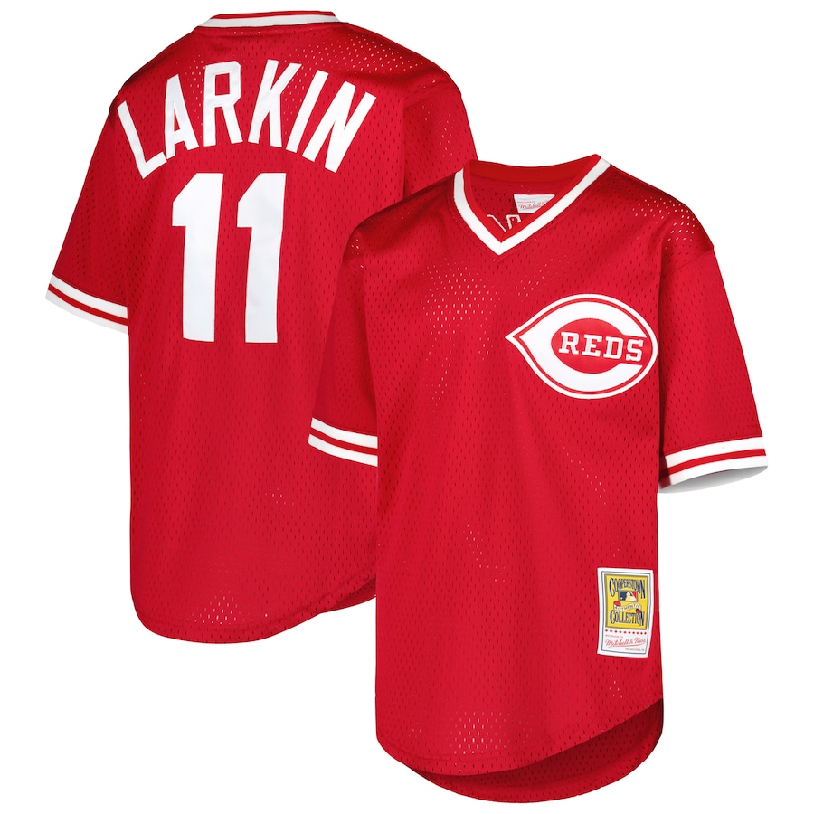 Youth Cincinnati Reds Barry Larkin Mitchell & Ness Red Cooperstown Collection Mesh Batting Practice Jersey - Jersey