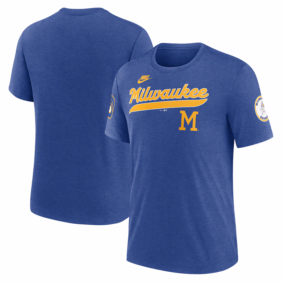 Men's Milwaukee Brewers Nike Heather Royal Cooperstown Collection Eras Tri-Blend T-Shirt - Jersey