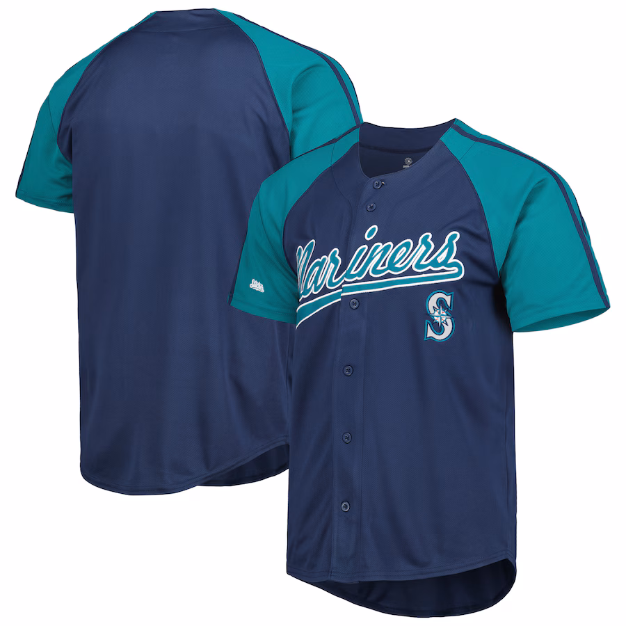 Men's Seattle Mariners Stitches Navy Button-Down Raglan Fashion Jersey - Jersey