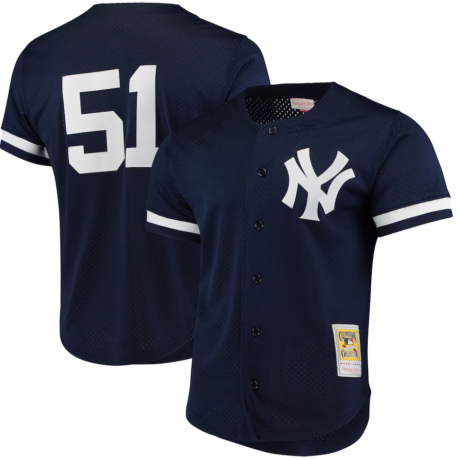 Men's New York Yankees Bernie Williams Mitchell & Ness Navy Cooperstown Collection Mesh Batting Practice Button-Up Jersey - Jersey
