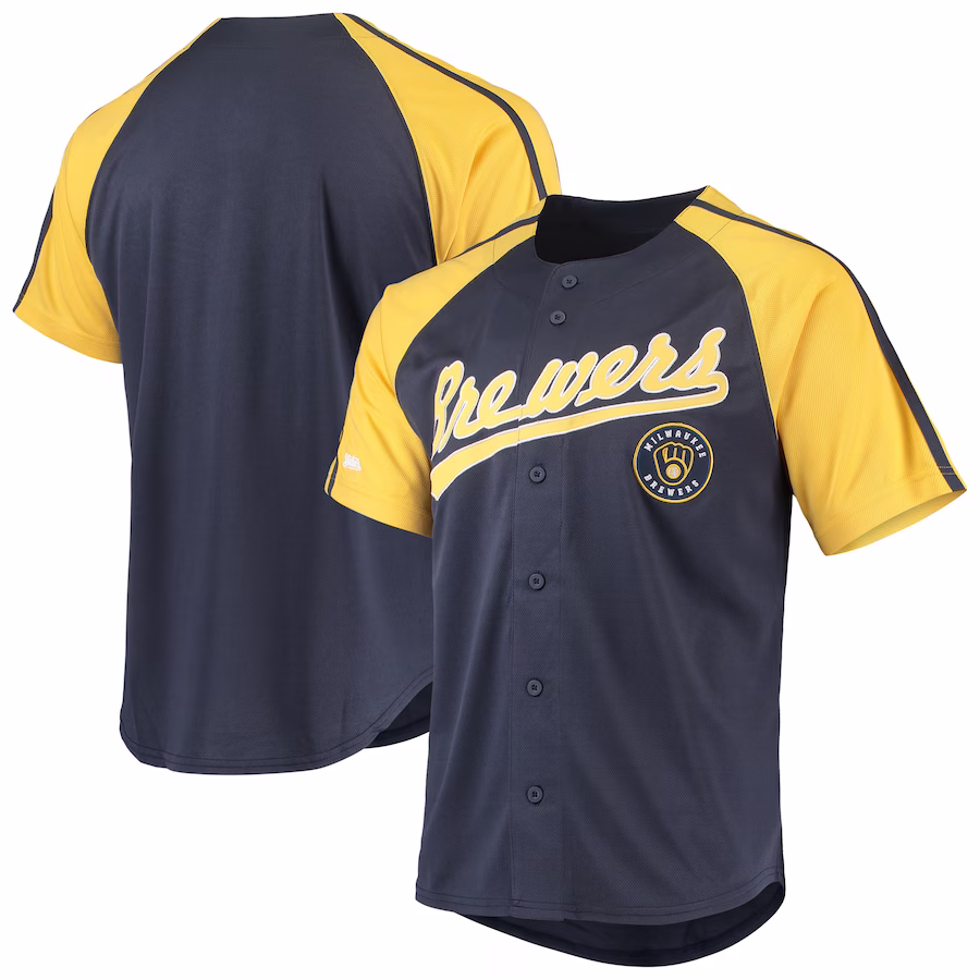 Men's Milwaukee Brewers Stitches Navy Button-Down Raglan Replica Jersey - Jersey