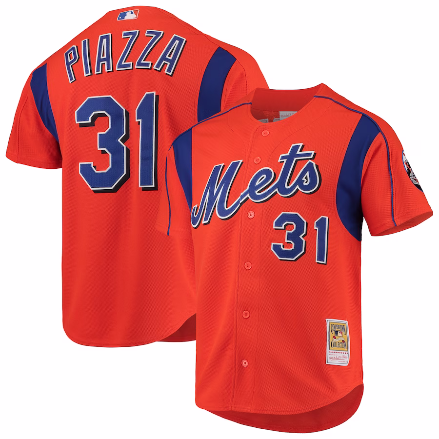 Men's New York Mets Mike Piazza Mitchell & Ness Orange Cooperstown Collection Mesh Batting Practice Button-Up Jersey - Jersey