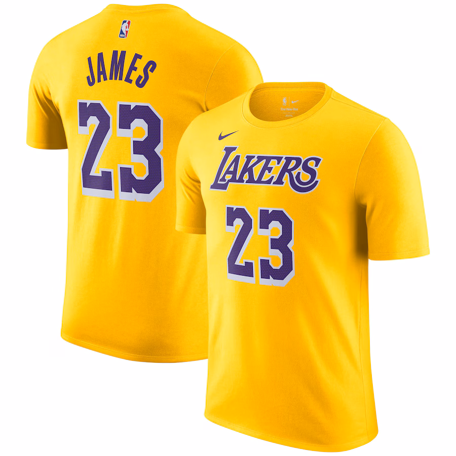 Men's Los Angeles Lakers LeBron James Nike Gold Icon 2022/23 Name & Number T-Shirt - Jersey