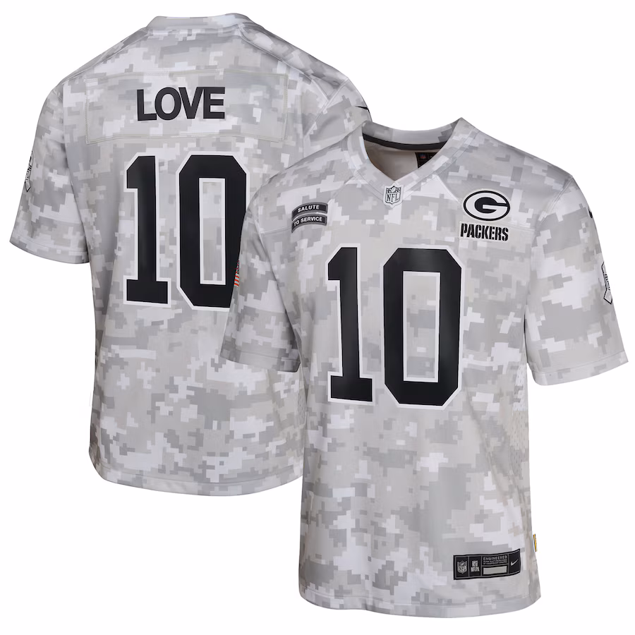 Youth Green Bay Packers Jordan Love Nike Arctic Camo 2024 Salute to Service Game Jersey - Jersey