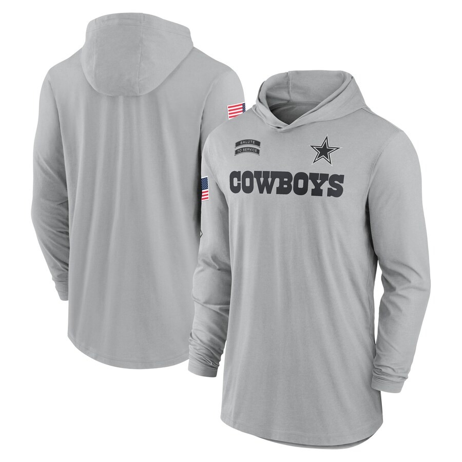 Men's Dallas Cowboys Nike Gray 2024 Salute to Service Lightweight Performance Long Sleeve Hooded T-Shirt - Jersey