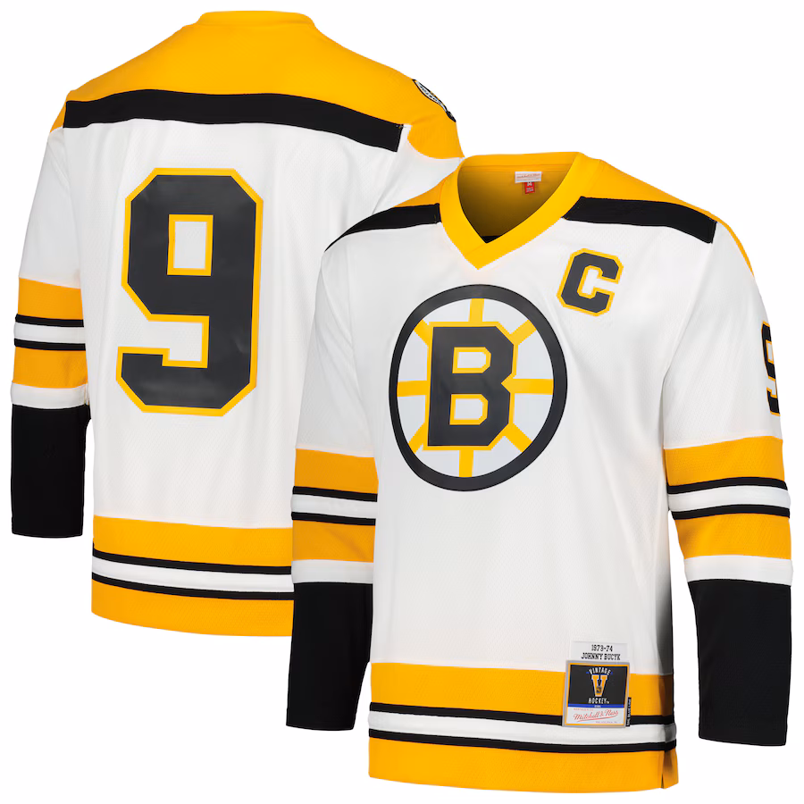 Men's Boston Bruins Johnny Bucyk Mitchell & Ness White 1973/74 Blue Line Player Jersey - Jersey