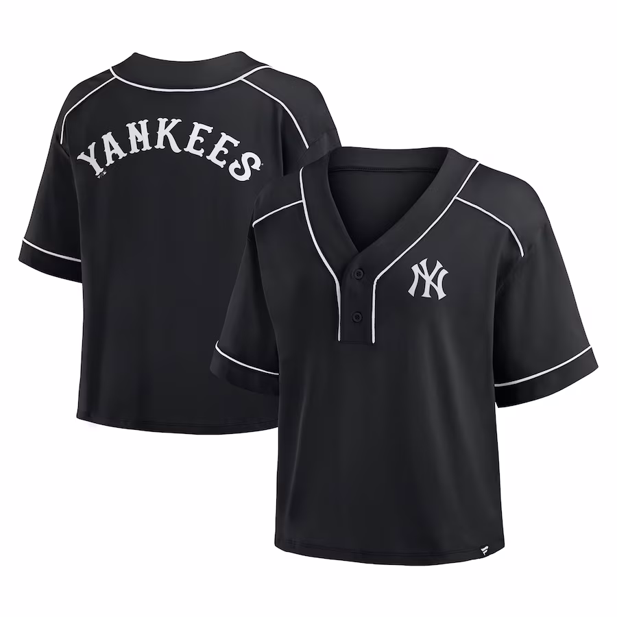 Women's New York Yankees Fanatics Black Oversized Champ Game Cropped V-Neck T-Shirt - Jersey