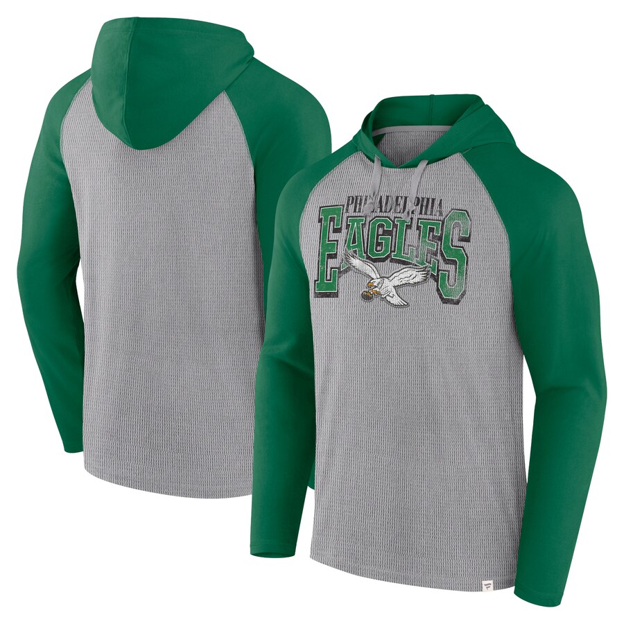 Men's Philadelphia Eagles Fanatics Gray/Kelly Green Under Center Long Sleeve Hoodie T-Shirt - Jersey