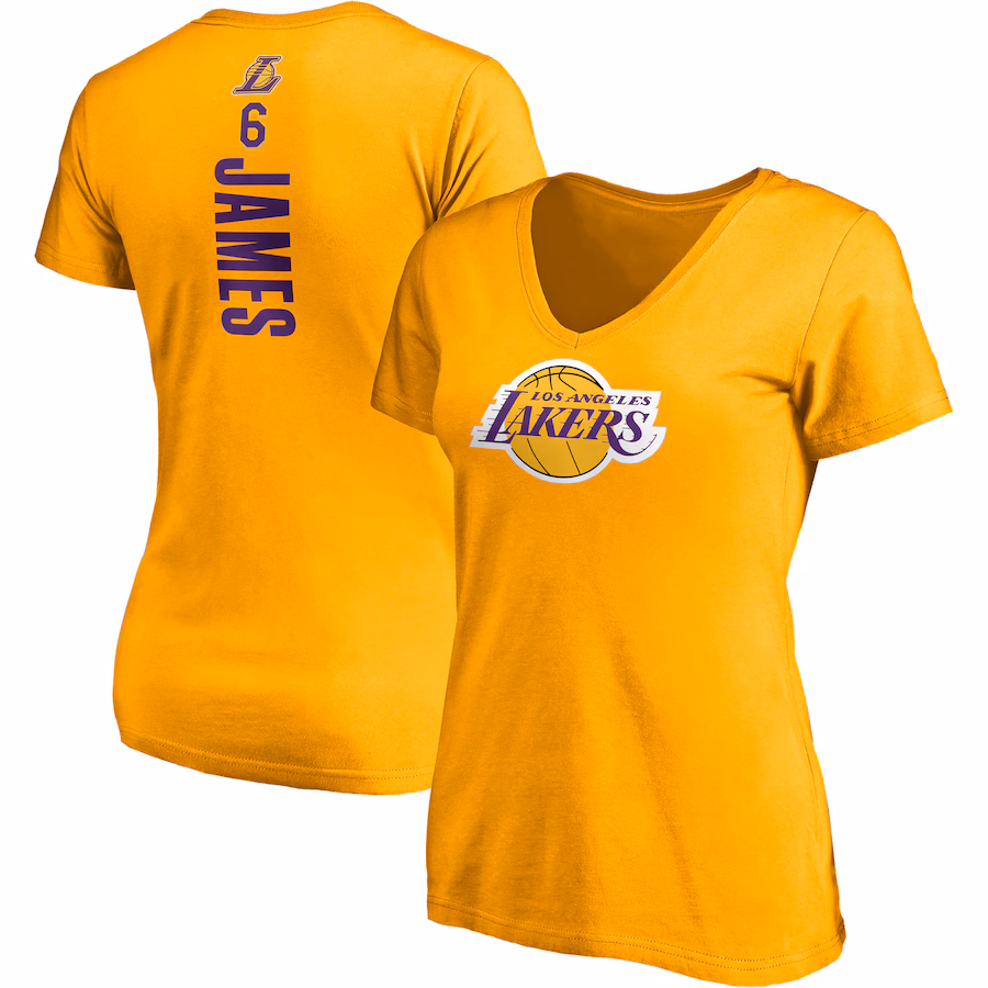 Women's Los Angeles Lakers LeBron James Fanatics Gold Logo Playmaker Name & Number V-Neck T-Shirt - Jersey