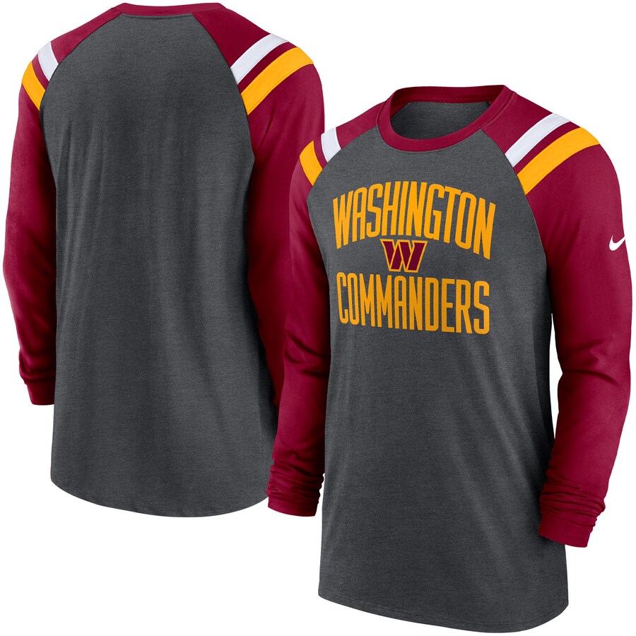 Men's Washington Commanders Nike Heathered Charcoal/Burgundy Tri-Blend Raglan Athletic Long Sleeve Fashion T-Shirt - Jersey
