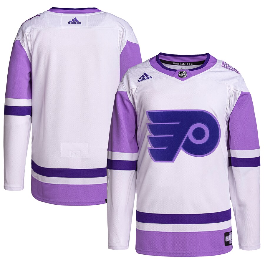 Men's Philadelphia Flyers adidas White/Purple Hockey Fights Cancer Primegreen Authentic Blank Practice Jersey - Jersey