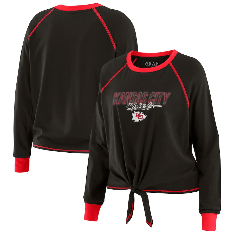 Women's Kansas City Chiefs WEAR by Erin Andrews Black Tie-Front Long Sleeve T-Shirt - Jersey