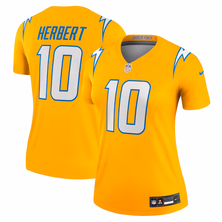 Women's Los Angeles Chargers Justin Herbert Nike Gold Alternate Charger Power Legend Player Performance Top - Jersey