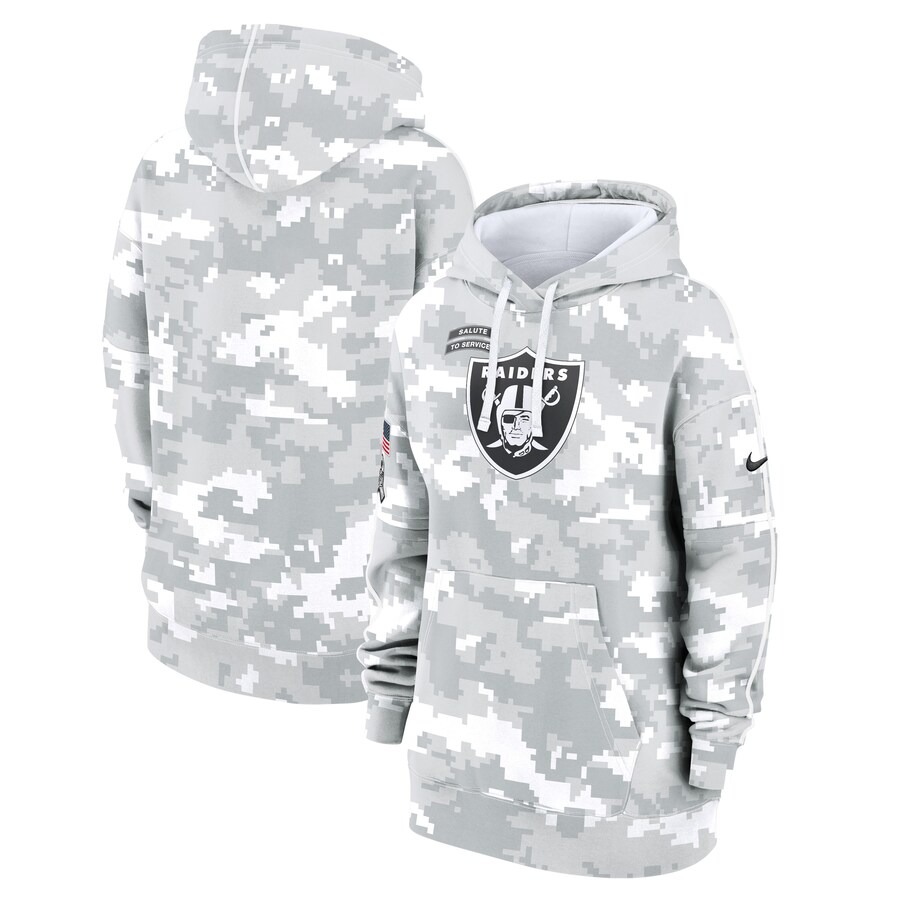 Women's Las Vegas Raiders Nike Arctic Camo 2024 Salute To Service Club Fleece Pullover Hoodie - Jersey