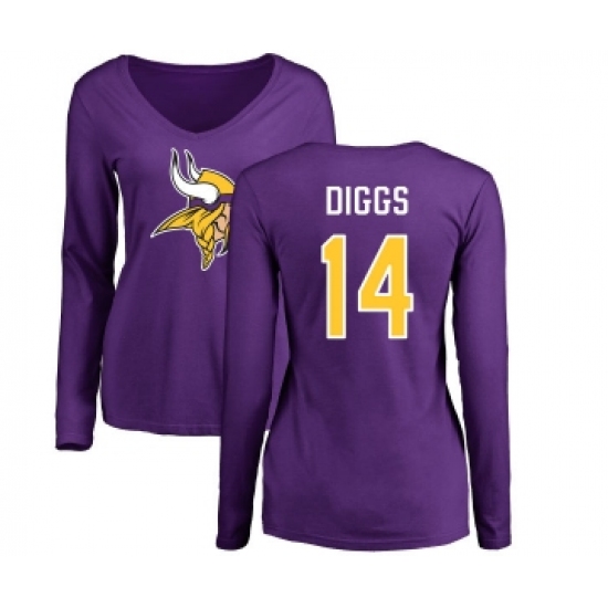 Football Women's Minnesota Vikings #14 Stefon Diggs Purple Name & Number Logo Slim Fit Long Sleeve T-Shirt - Jersey
