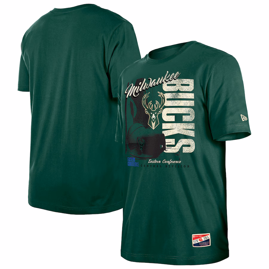 Men's Milwaukee Bucks  New Era Hunter Green Distressed Throwback Vintage Color Pack T-Shirt - Jersey