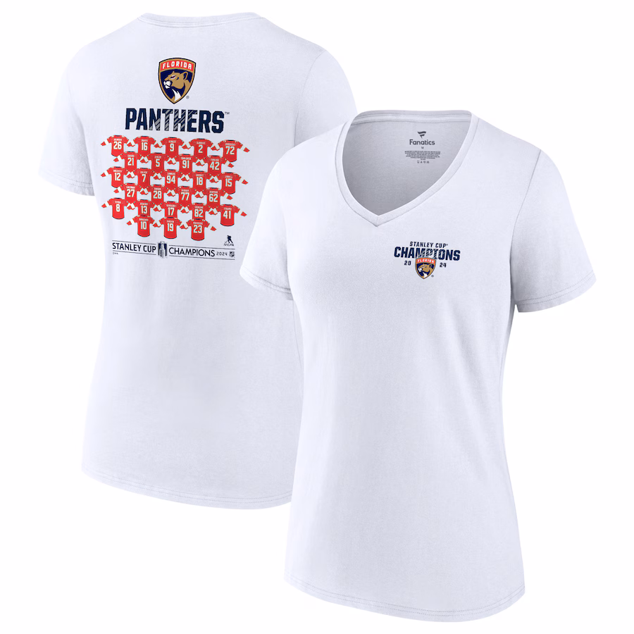 Women's Florida Panthers Fanatics White 2024 Stanley Cup Champions Jersey Roster V-Neck T-Shirt - Jersey