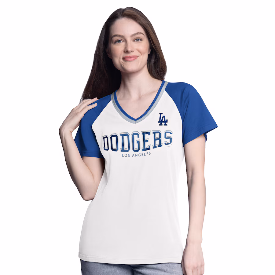 Women's Los Angeles Dodgers G-III 4Her by Carl Banks White/Royal Ball Park Raglan V-Neck T-Shirt - Jersey