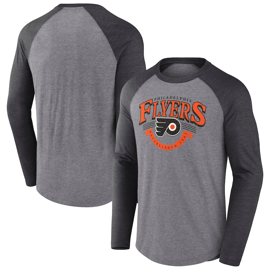 Men's Philadelphia Flyers Fanatics Heather Gray/Heather Charcoal Goal Crease Raglan Tri-Blend Long Sleeve T-Shirt - Jersey