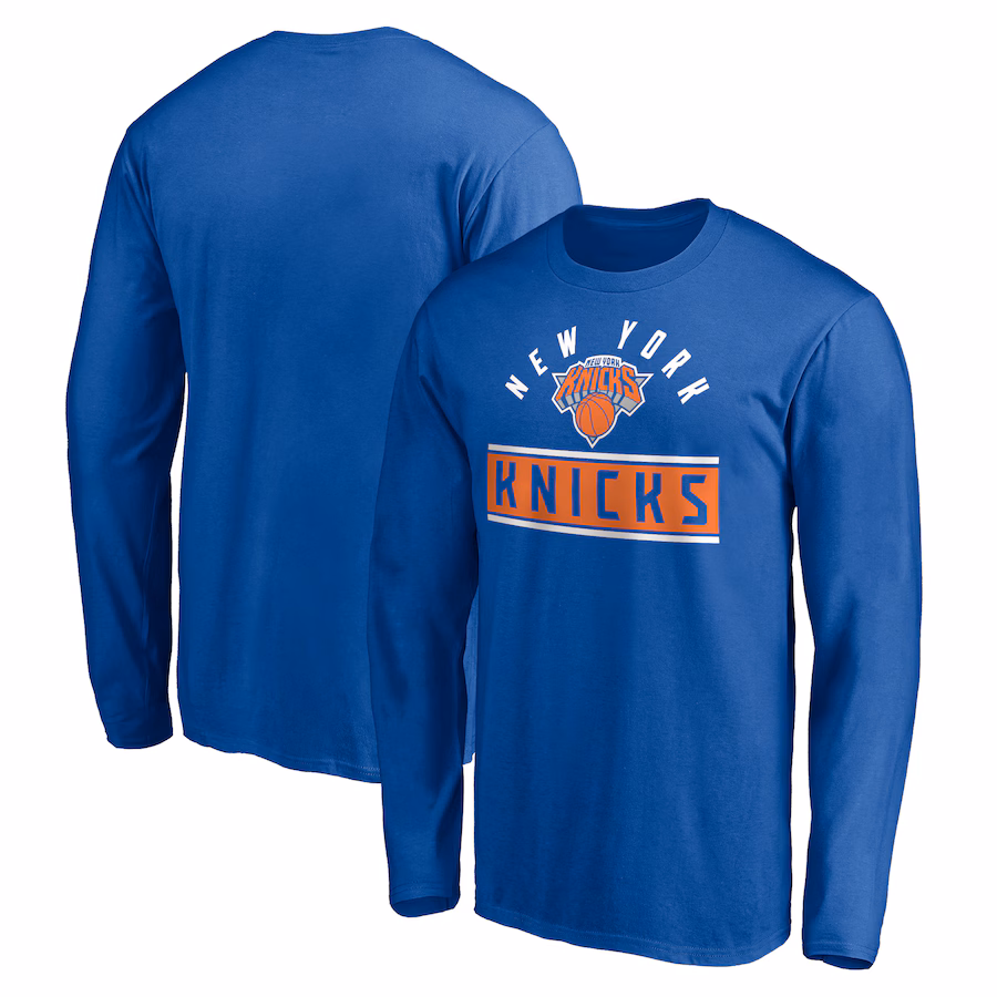 Men's New York Knicks Blue Team Arch Knockout Long Sleeve T-Shirt - Jersey
