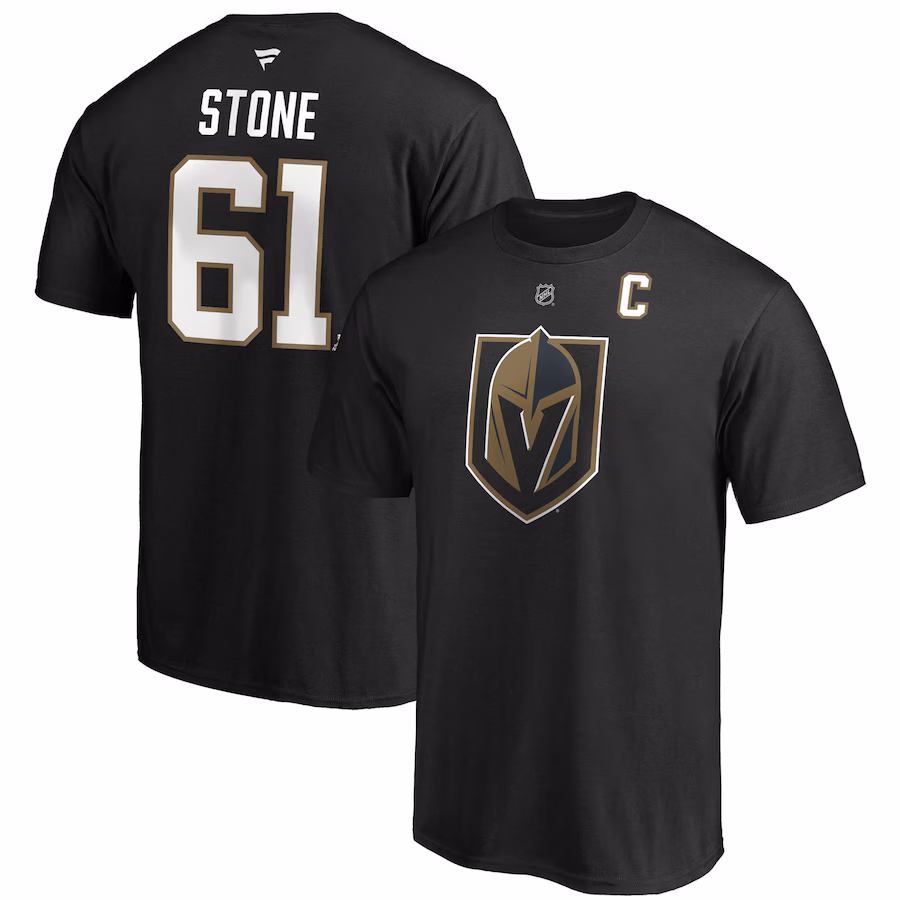Men's Vegas Golden Knights Mark Stone Fanatics Black Authentic Stack Player Name & Number Captain Patch T-Shirt - Jersey