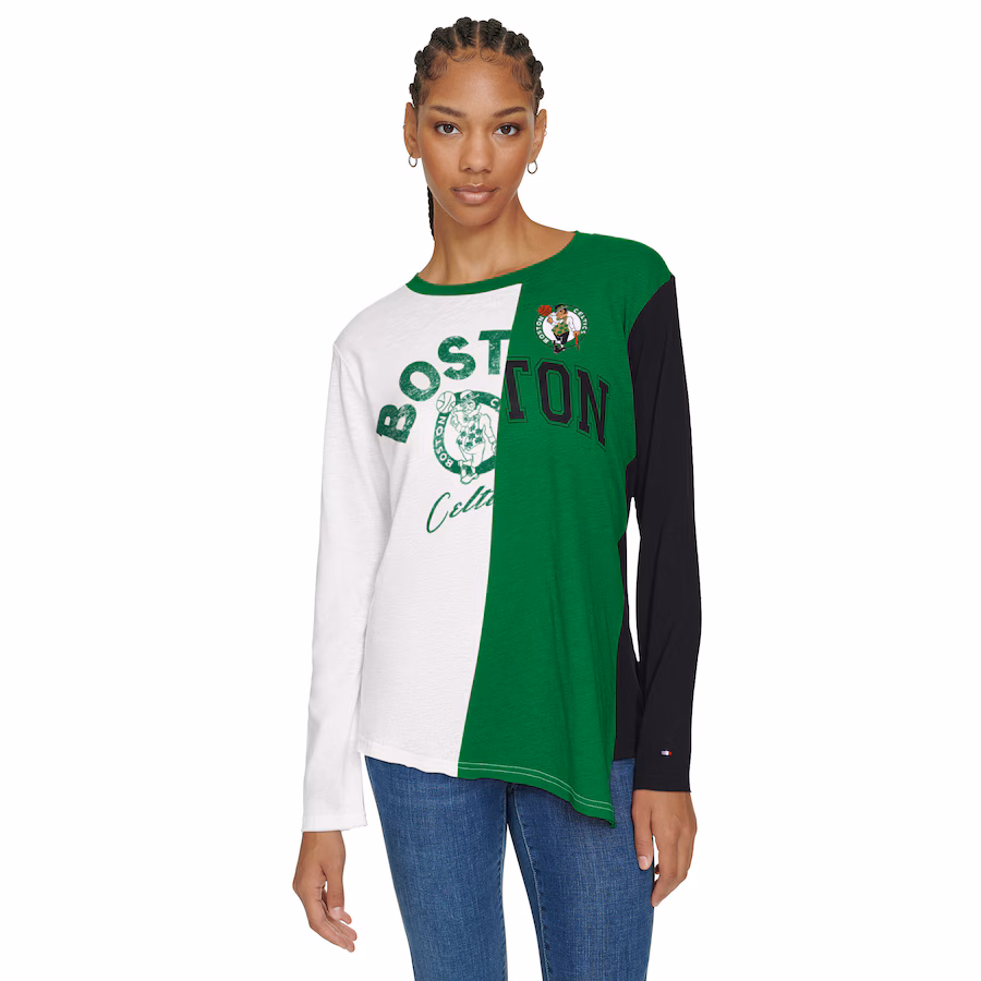 Women's Boston Celtics Tommy Jeans White/Kelly Green Amelia Color Blocked Long Sleeve T-Shirt - Jersey