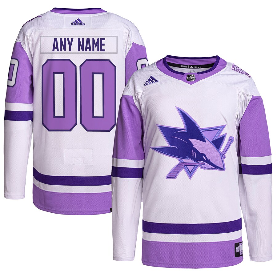 Men's San Jose Sharks adidas White/Purple Hockey Fights Cancer Primegreen Authentic Custom Jersey - Jersey