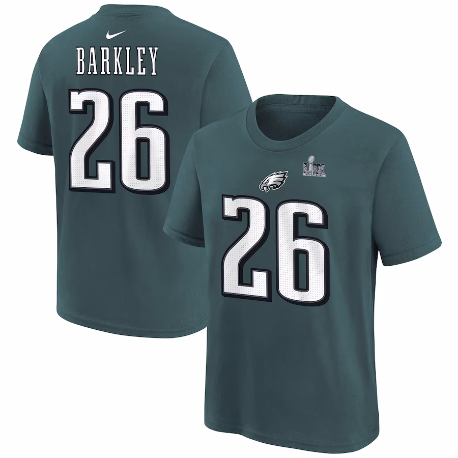 Youth Philadelphia Eagles Saquon Barkley Nike Midnight Green Super Bowl LIX Player Name & Number T-Shirt - Jersey