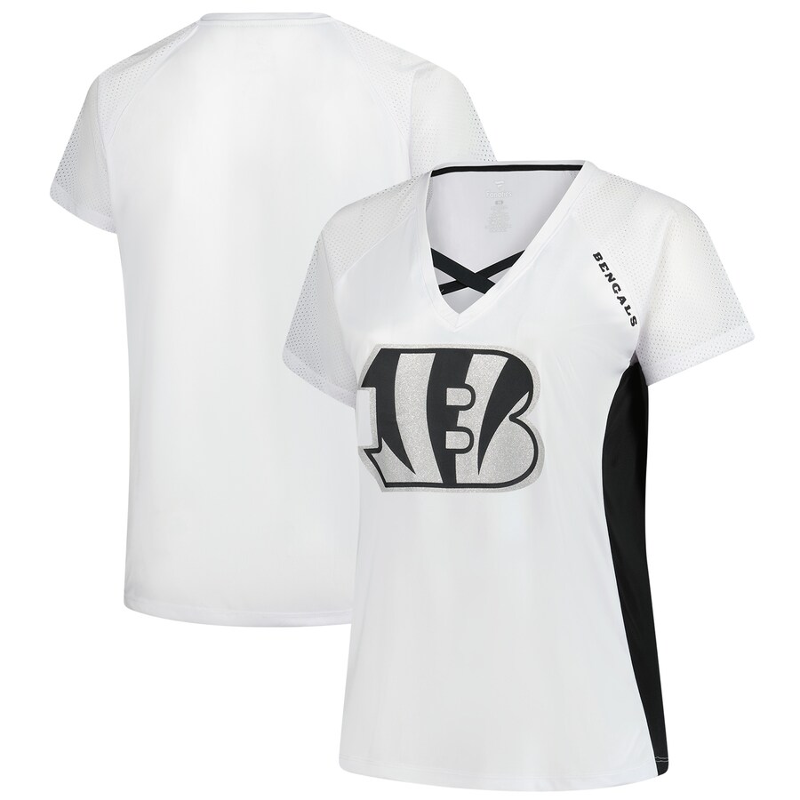 Women's Cincinnati Bengals Fanatics White Plus Size Glitter Lace-Up V- Neck T-Shirt - Jersey