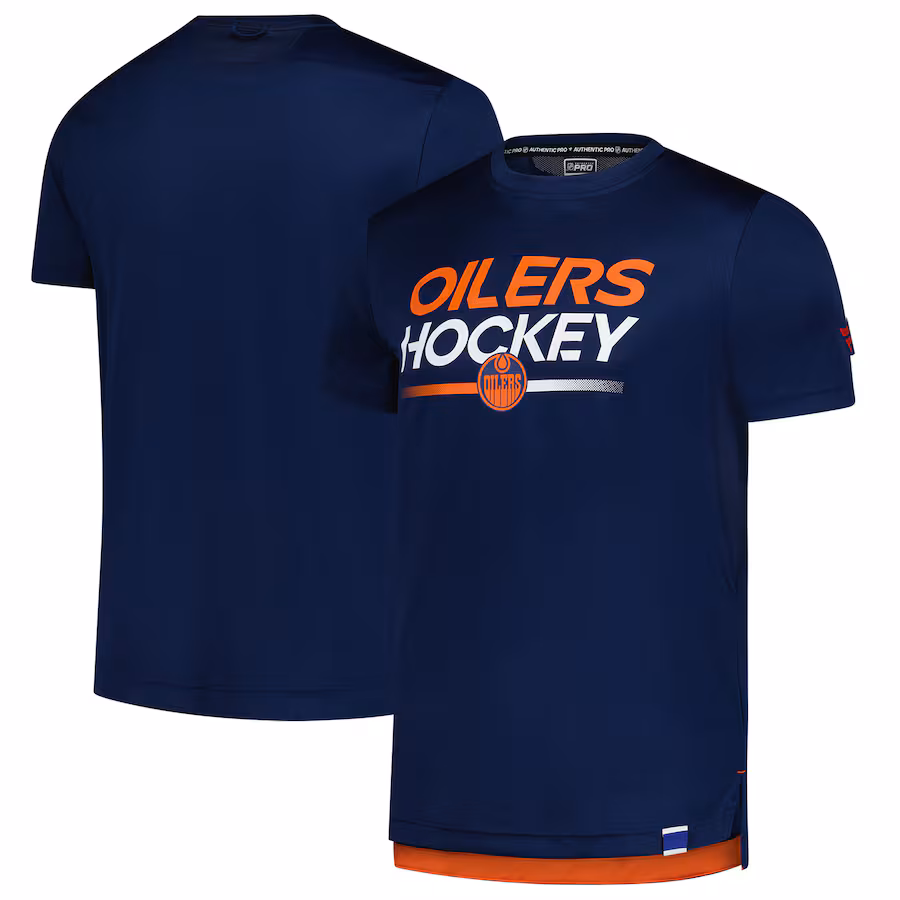 Men's Edmonton Oilers Fanatics Navy Authentic Pro Tech T-Shirt - Jersey