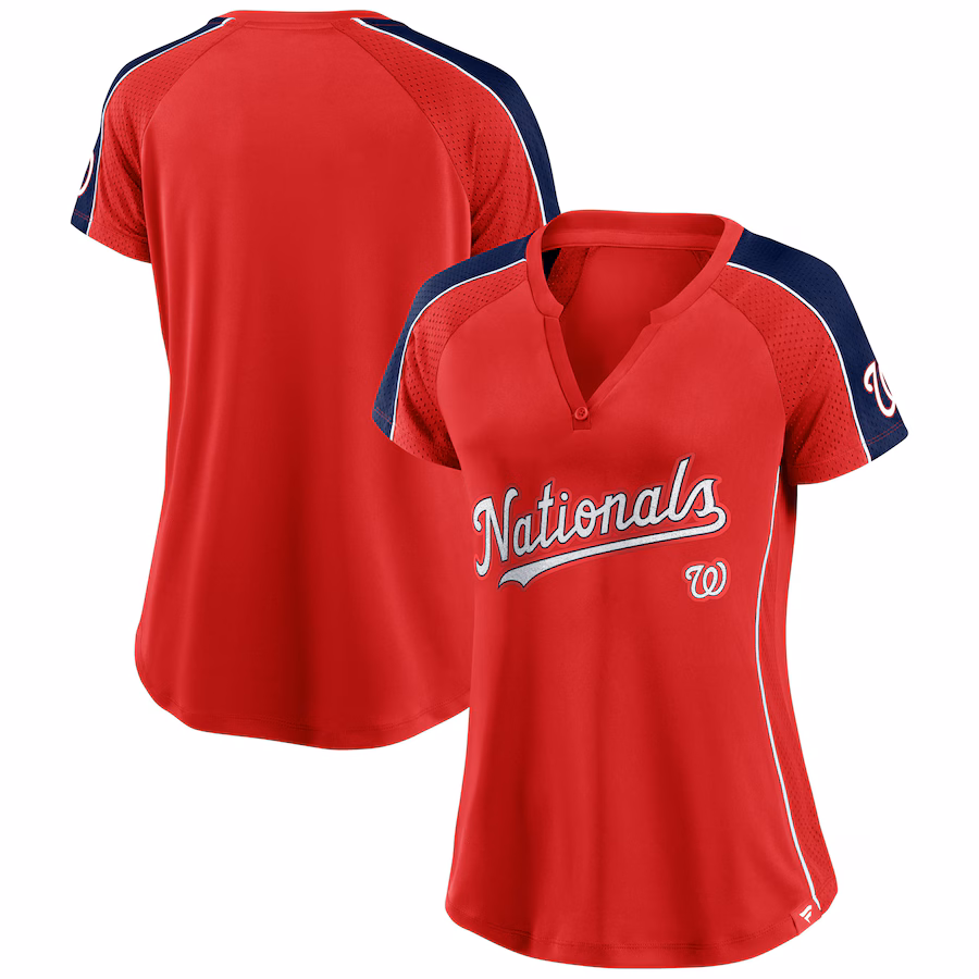 Women's Washington Nationals Fanatics Red Lineup League Diva Raglan Notch Neck T-Shirt - Jersey