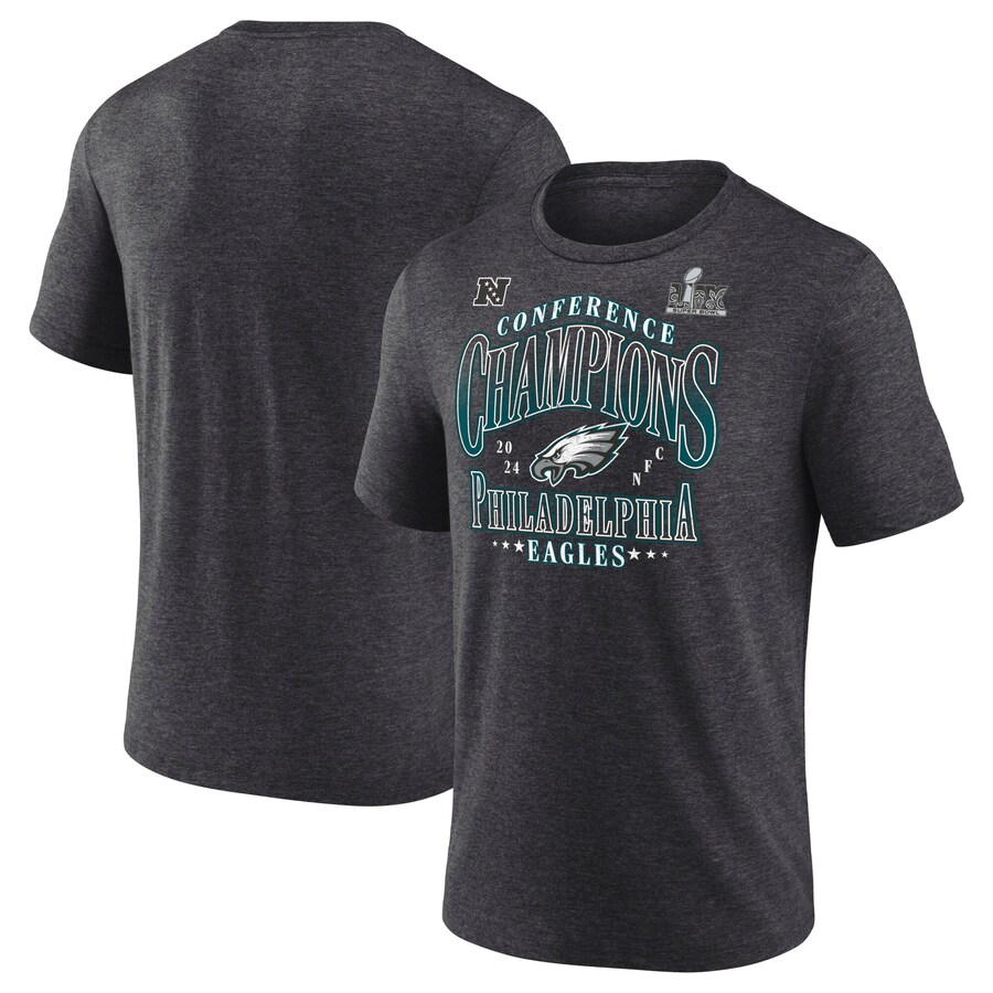 Men's Philadelphia Eagles  Fanatics Heather Charcoal 2024 NFC Champions Right Side Draw Tri-Blend T-Shirt - Jersey