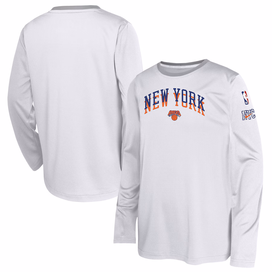 Youth New York Knicks  Nike White 2024/25 City Edition Pregame Performance Long Sleeve Shooting T-Shirt - Jersey