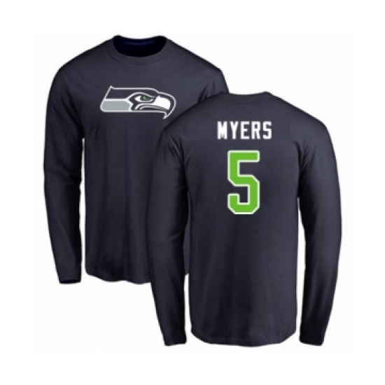 Football Seattle Seahawks #5 Jason Myers Navy Blue Name & Number Logo Long Sleeve T-Shirt - Jersey