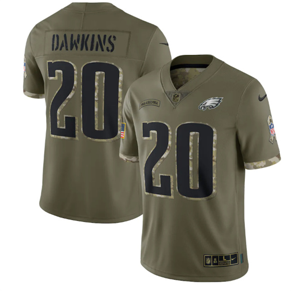 Men's Philadelphia Eagles #20 Brian Dawkins 2022 Olive Salute To Service Limited Stitched Jersey - Jersey