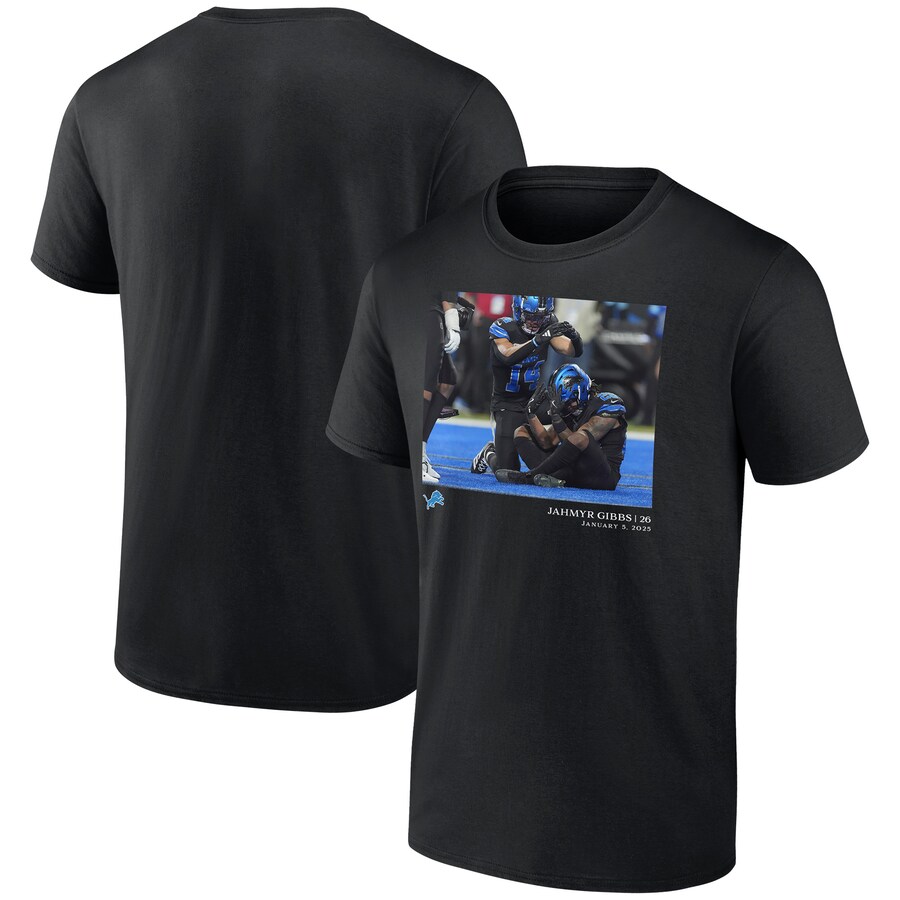 Men's Detroit Lions Jahmyr Gibbs Black  NFL Flash Features Week 18 T-Shirt - Jersey