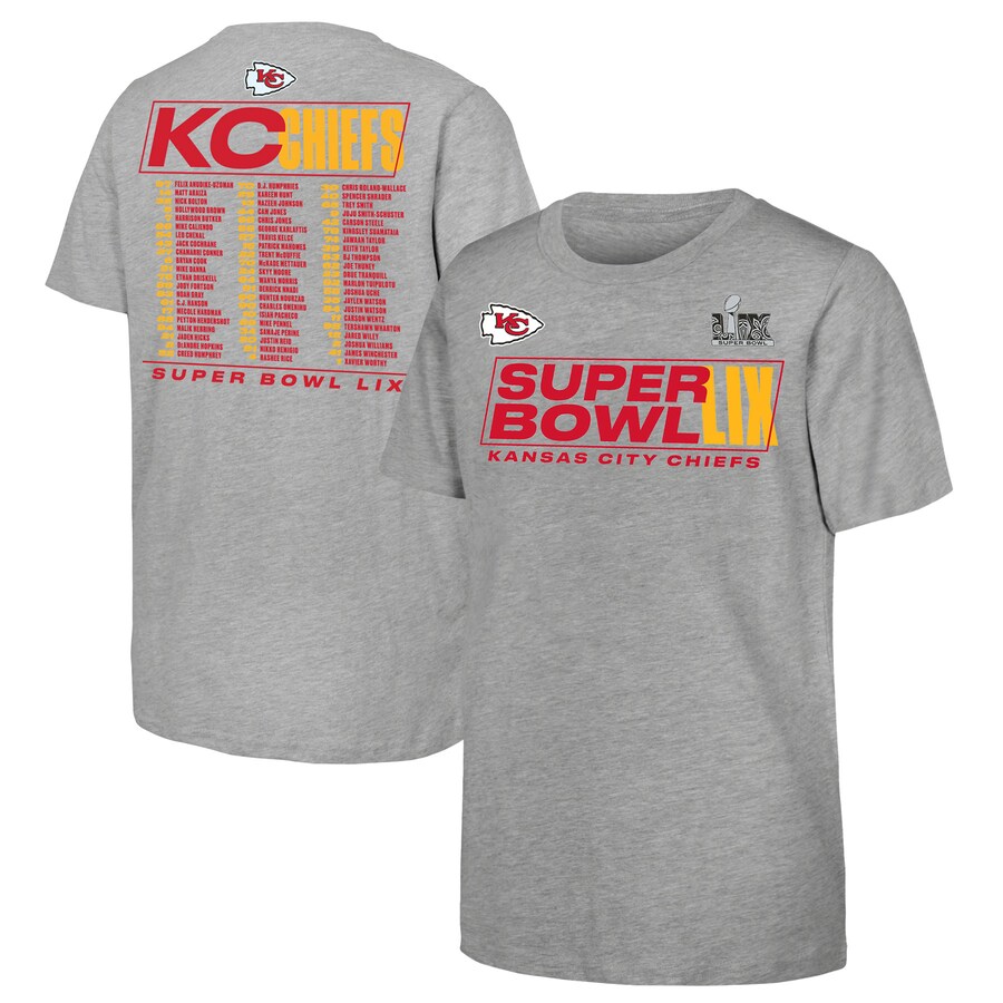 Youth Kansas City Chiefs Fanatics Heather Gray Super Bowl LIX Roster T-Shirt - Jersey